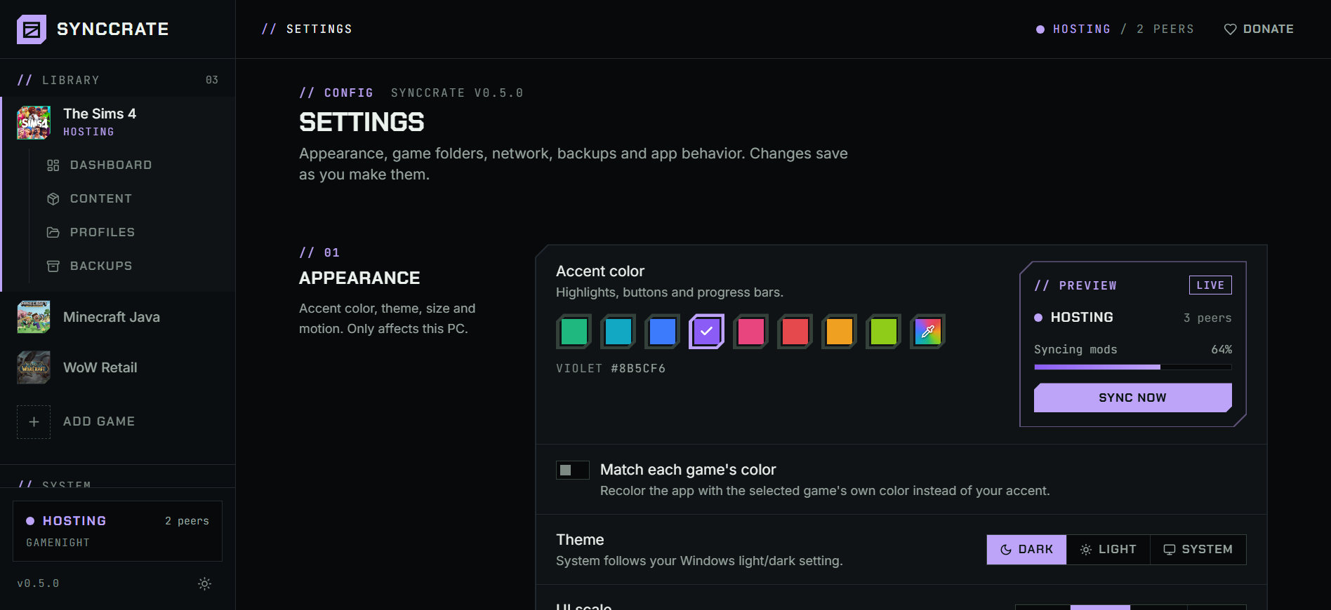Appearance settings with accent color swatches and a live preview