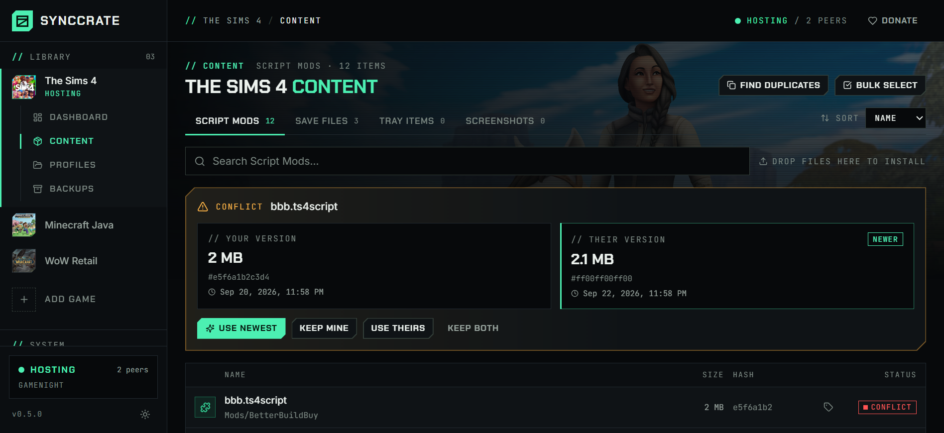 Content browser listing installed mods with tags and enable toggles
