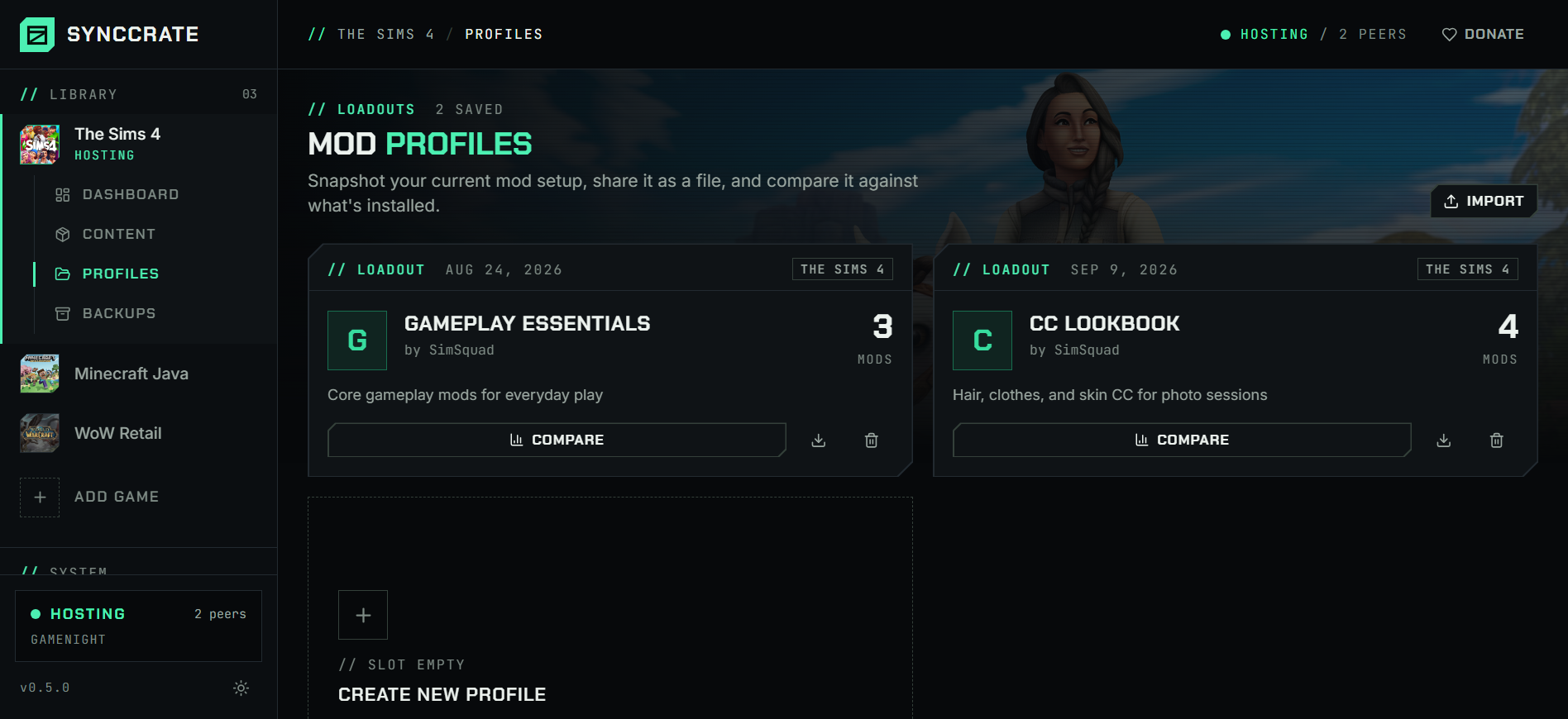 Profiles screen with saved mod setups ready to share or restore